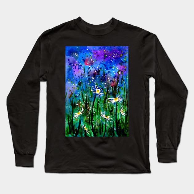 Daisy Flowers Field at Night Long Sleeve T-Shirt by ZeichenbloQ